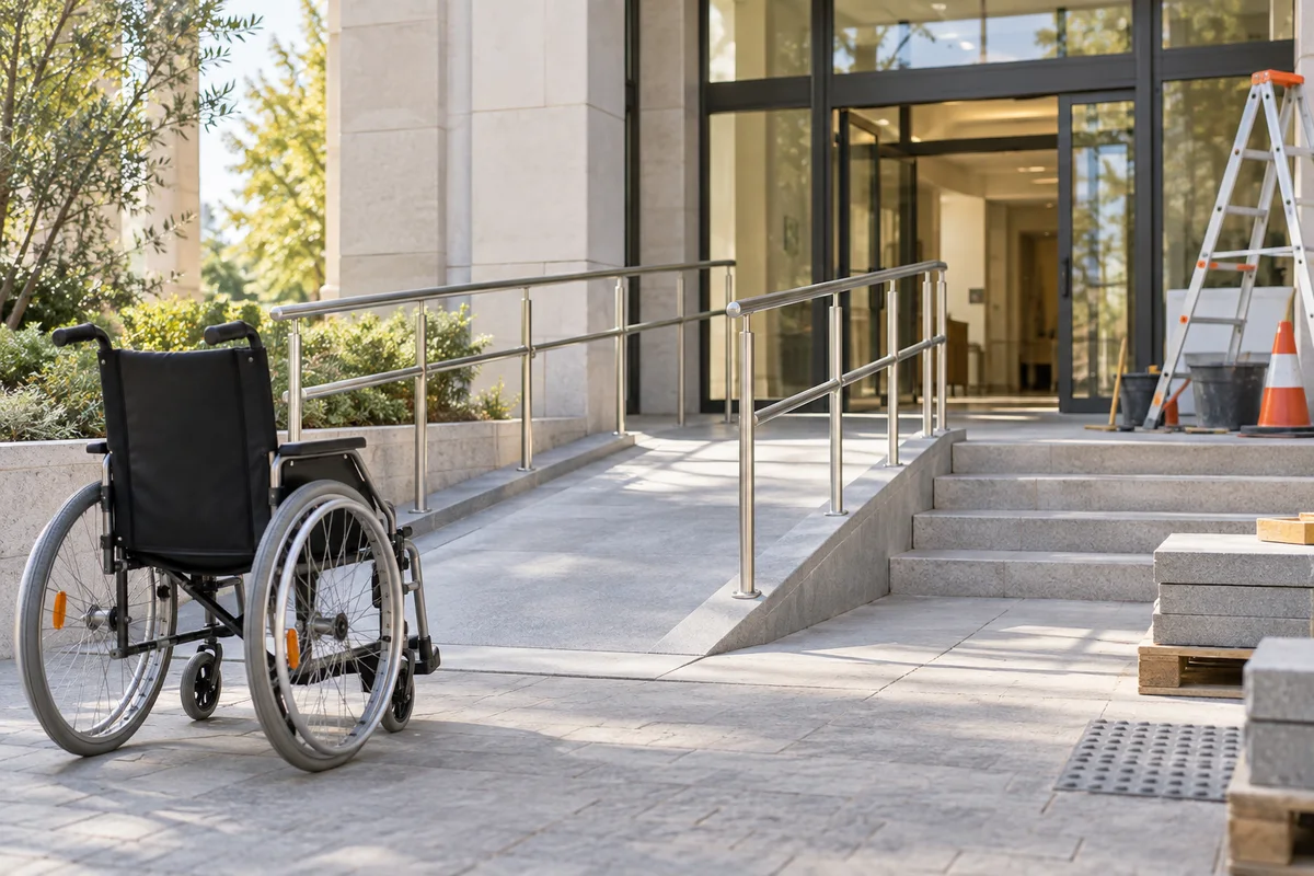 Travaux d’accessibilité d’un bâtiment public, illustration générique.