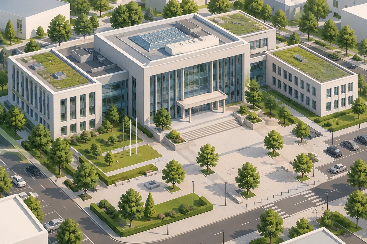 Vue isométrique d’un centre administratif, illustration générique.