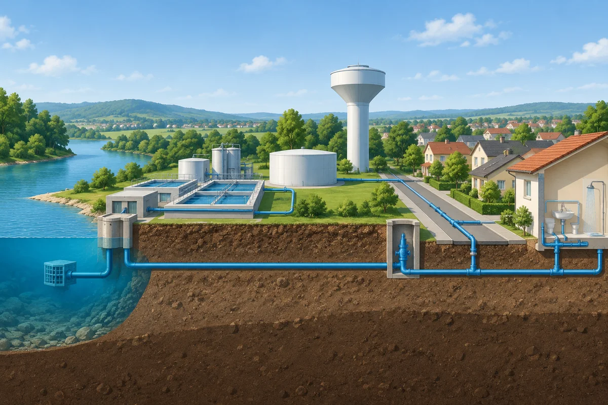 Schéma illustratif sans texte d’un réseau d’eau potable, illustration générique.