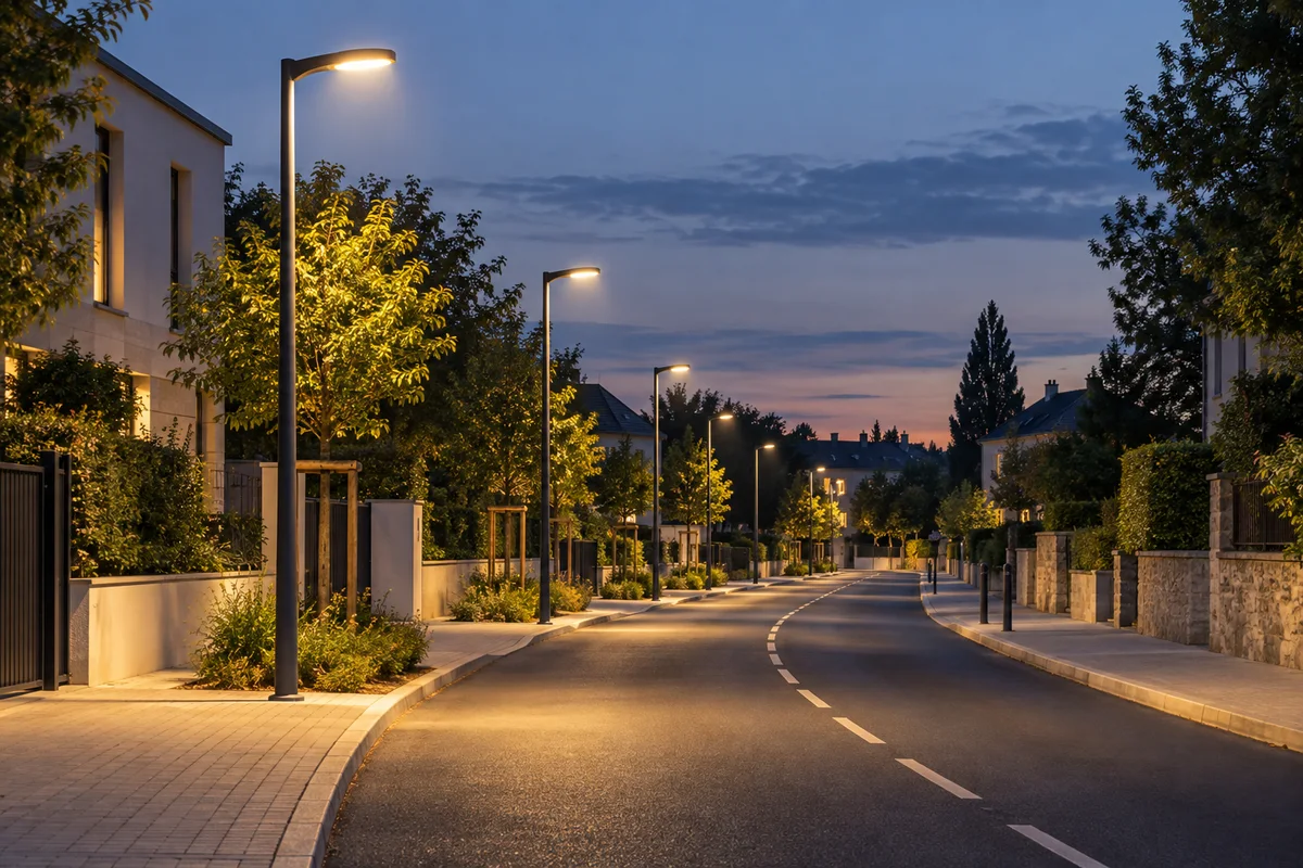 Rue générique éclairée par lampadaires, illustration générique.