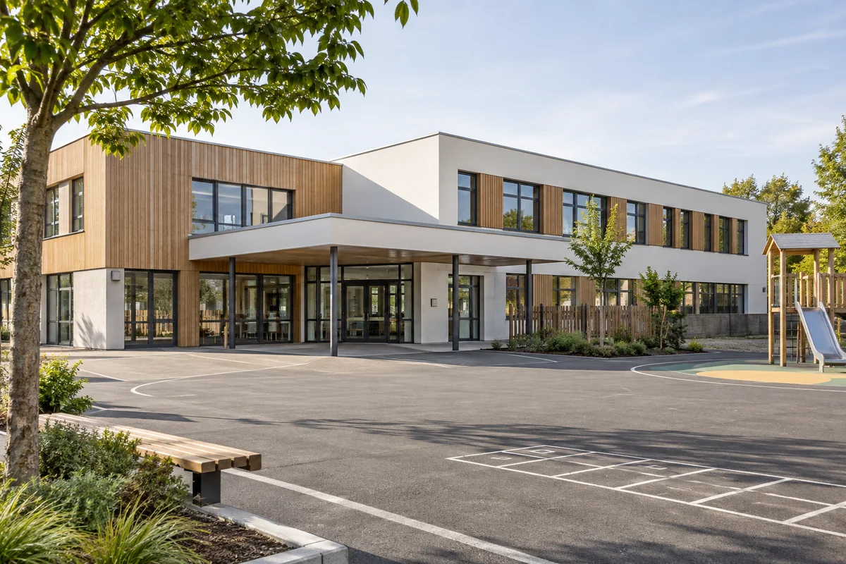 Façade sobre d’une école contemporaine vide, illustration générique.