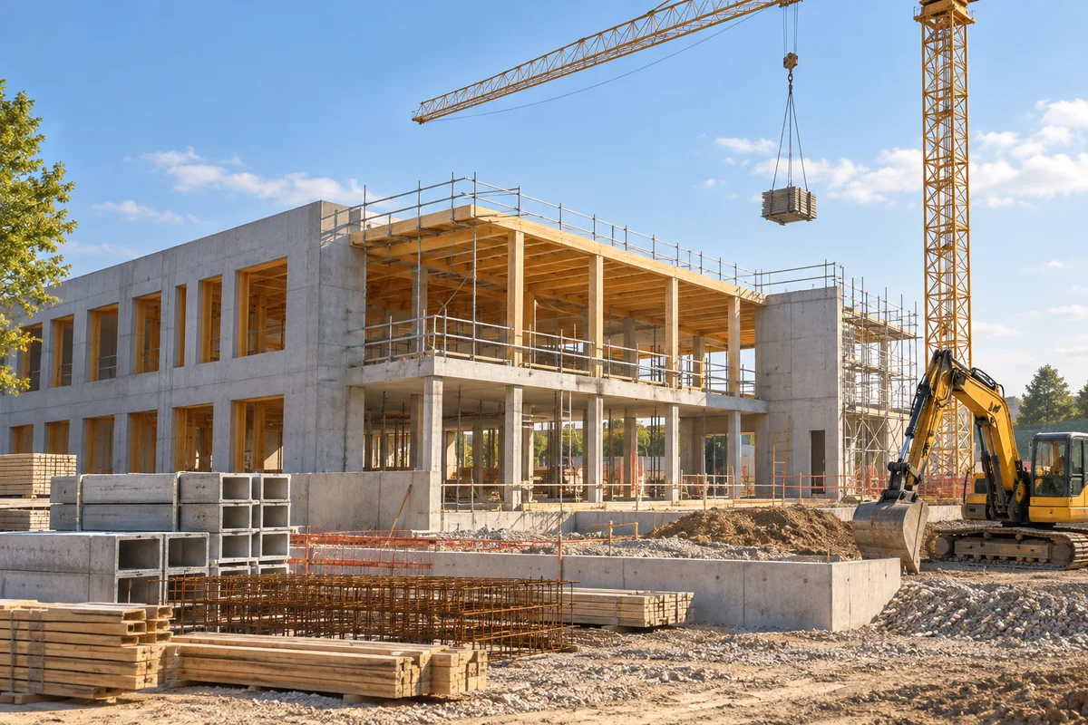 Chantier d’une école avec structures et engins, illustration générique.