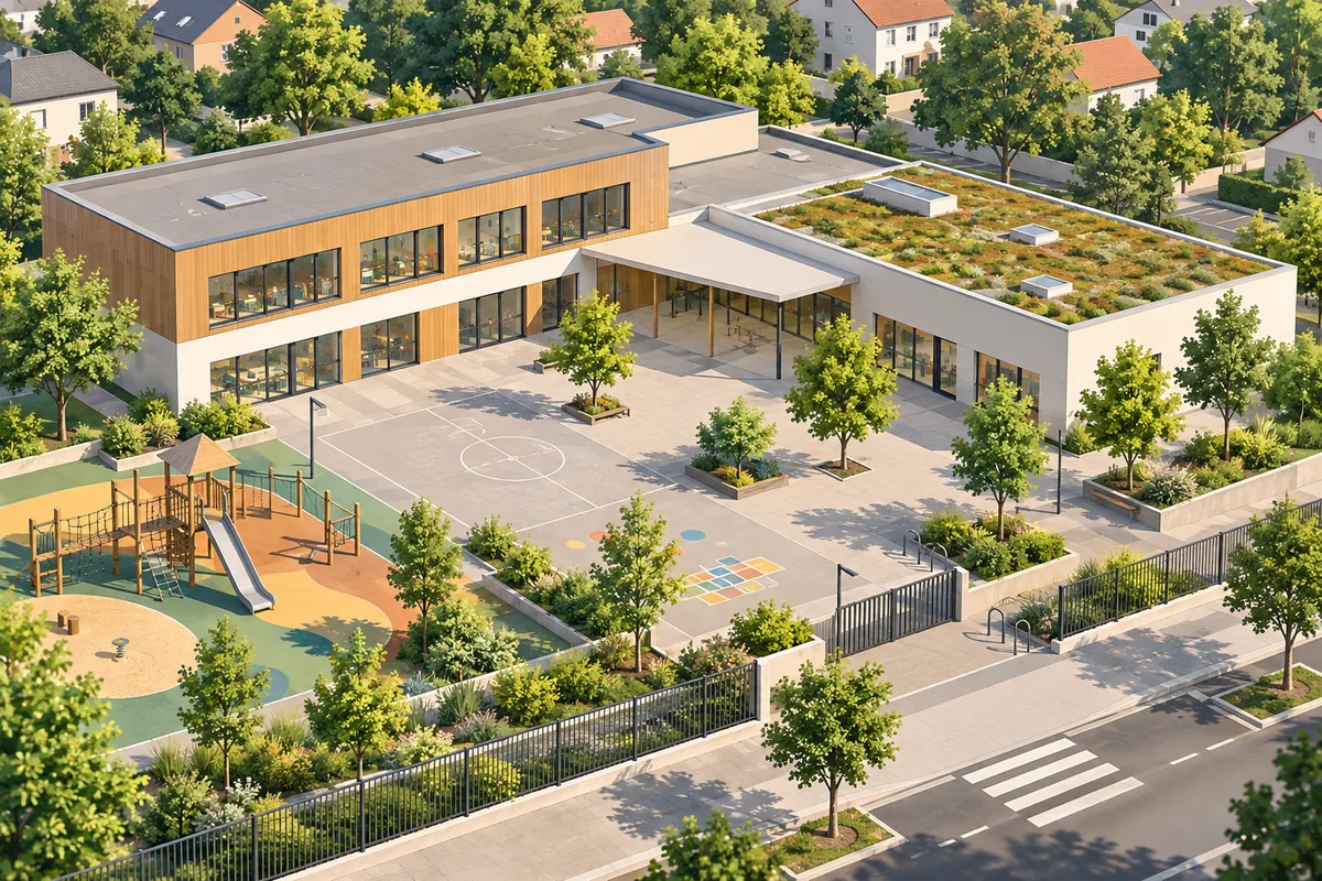 Illustration isométrique d’un groupe scolaire, illustration générique.