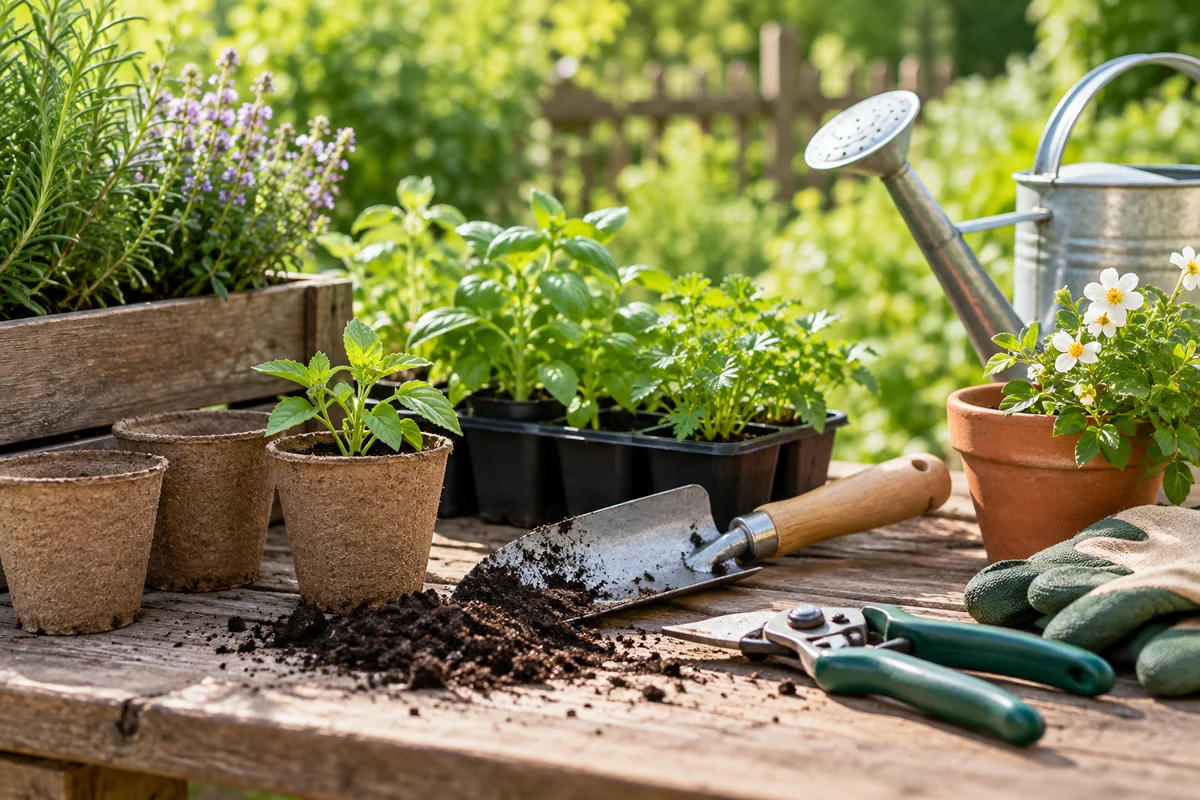 Détail d’outils de jardinage et plants, illustration générique.