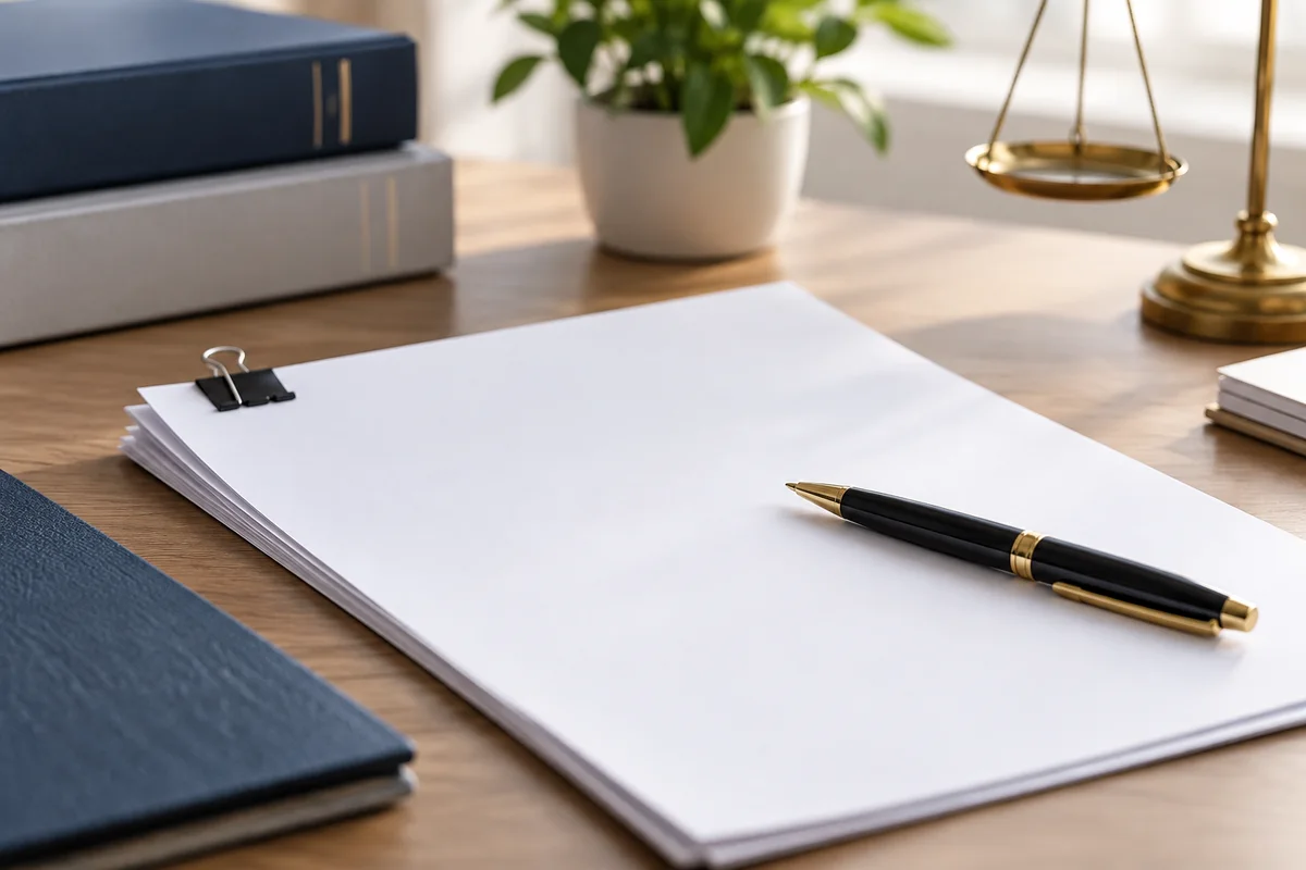 Détail de documents vierges et stylo, illustration générique.