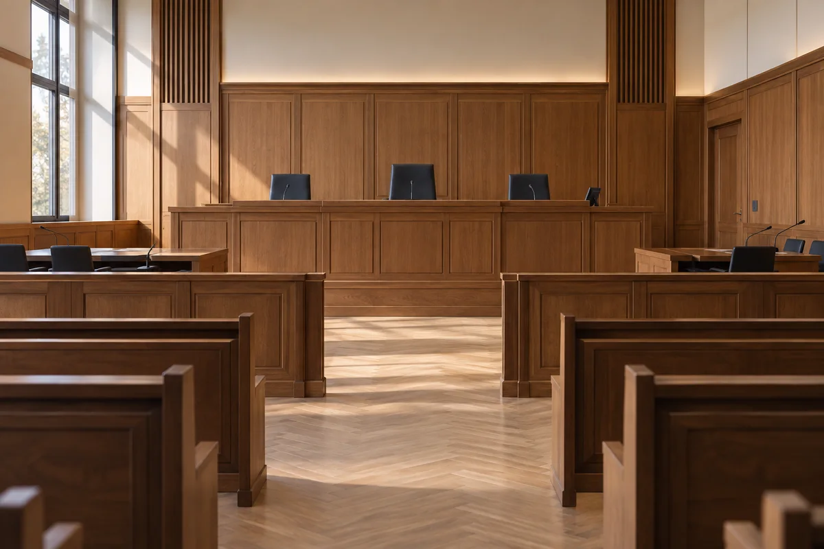 Salle d’audience vide sans emblème national, illustration générique.