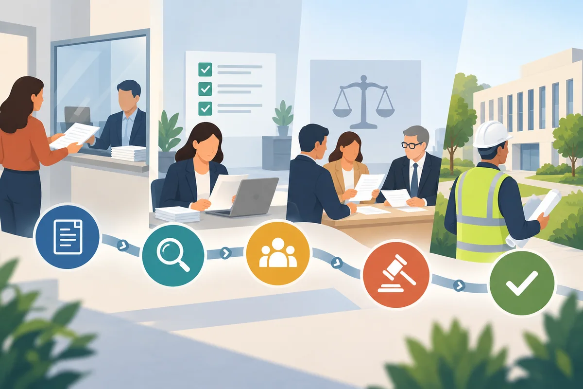 Illustration neutre d’un parcours de procédure sans texte, illustration générique.